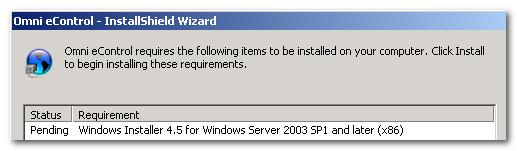 At the "eControl - InstallShielf Wizard" window that advises that the Windows Installer 4.5 needs to be installed, click install.