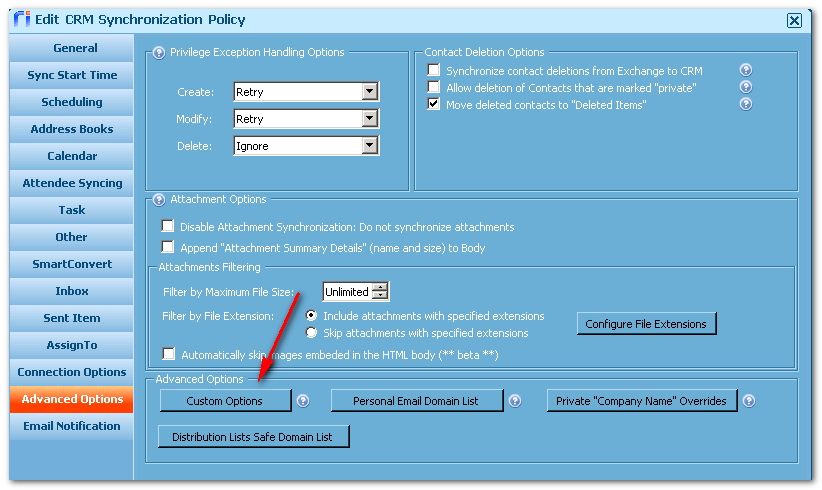 Riva On-Premise. The Edit CRM Synchronization Policy window. On the Advanced Options page, near the bottom, selecting Custom Options opens a window to configure custom options and advanced options. There is a similar button on a CRM connection window.