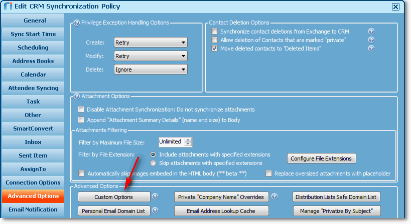 Riva On-Premise. Edit CRM Synchronization Policy window. Advanced Options page. Custom Options button.