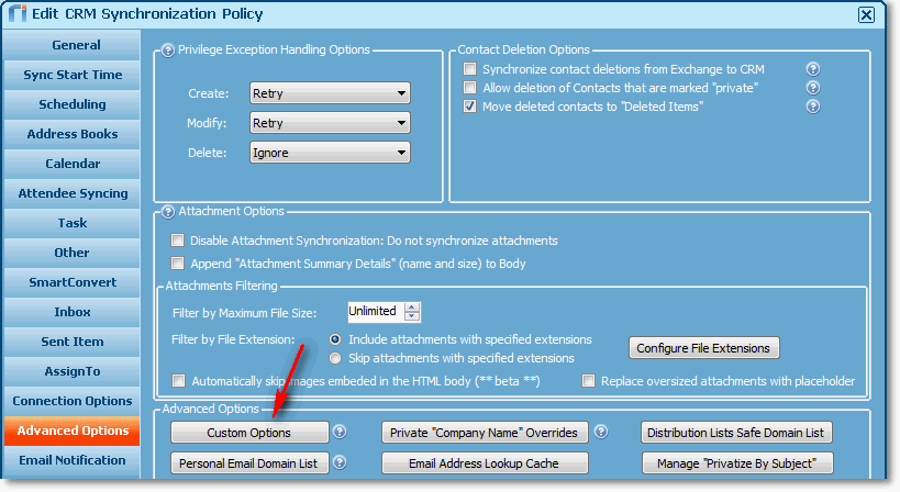 Riva On-Premise. Edit CRM Synchronization Policy window.