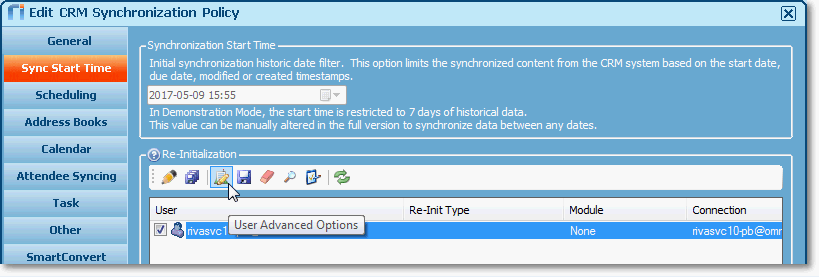 Riva On-Premise. In the Edit CRM Synchronization Policy window, on the Sync Start Time page, load all the users, select a user, and select the third icon from the left.