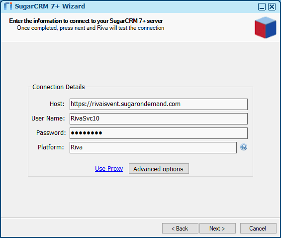 Riva On-Premise. The SugarCRM 7+ Wizard. Connection details.