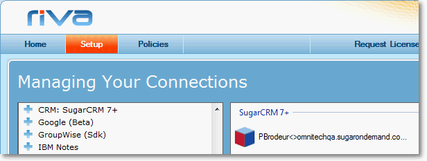 The SugarCRM 7+ connection object in the right pane of the Riva Manager application.