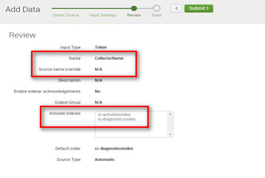 Specifically, review the Name, Source name override, and Allowed indexes fields.