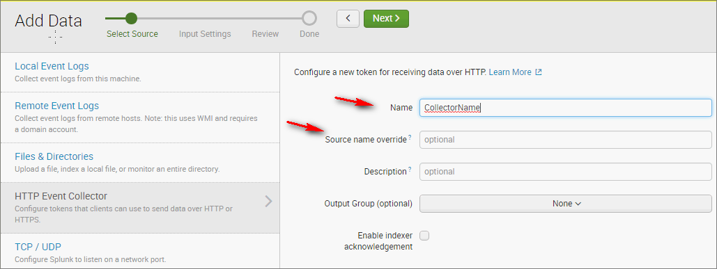 The Name and Source name override fields are below the green Next button.