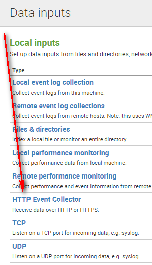 On the left side of the Data inputs page, HTTP Event Collector is the sixth field from the top.