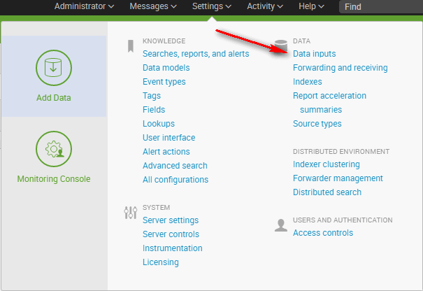 In the Settings tab, Data Inputs is near the top right corner.