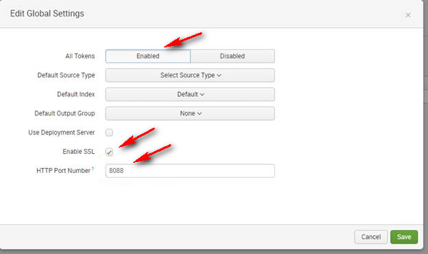 The All Tokens field is near the top. Enable SSL and HTTP Port Number are the last two items.