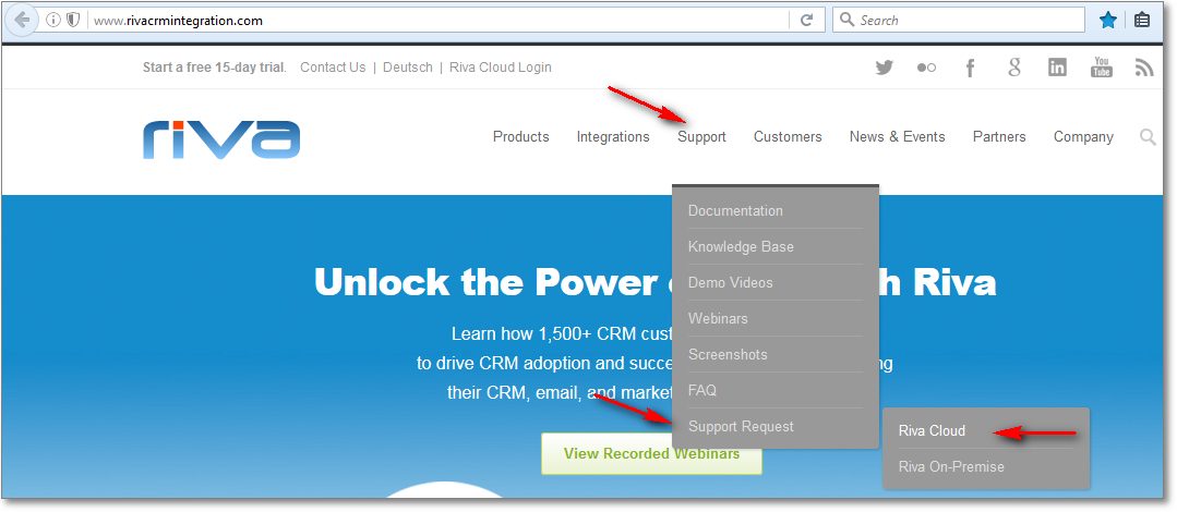 www.rivacrmintegration.com. Front page. Support menu. Point to Support Request.