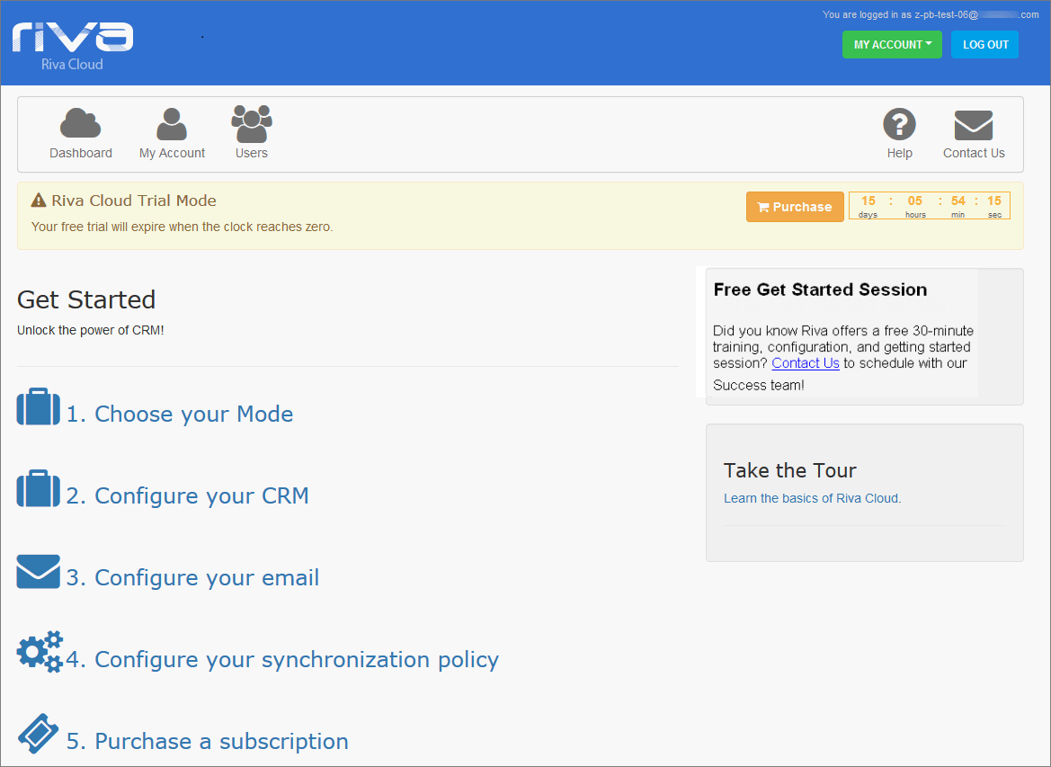 Riva Cloud. The Get Started page, right after registering for the free trial.