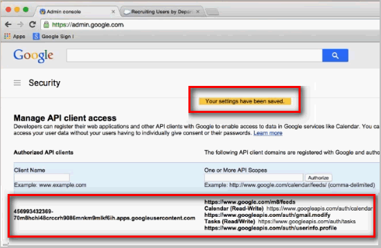 Google. Security window. Manage API client access page. Your settings have been saved.