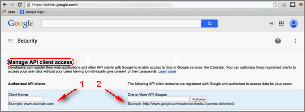 Google. Security page. Manage API client access.