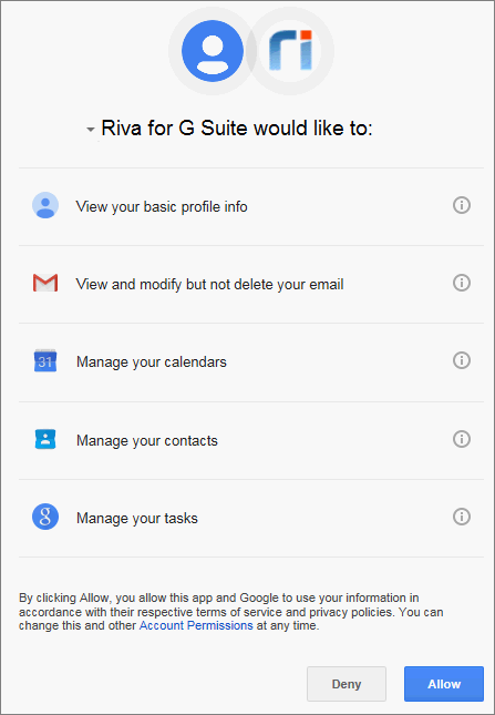 Riva Cloud. The page "Riva for G Suite would like to:".