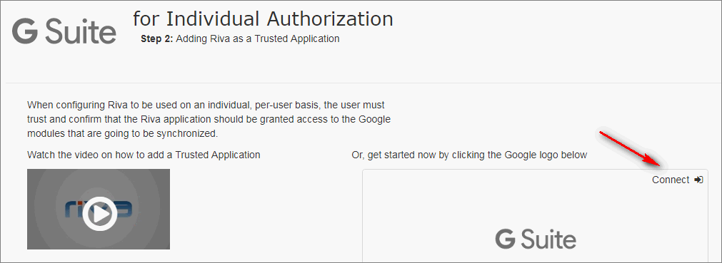 Riva Cloud. The G Suite for Individual Authorization page. Step 2: Adding Riva as a Trusted Application.