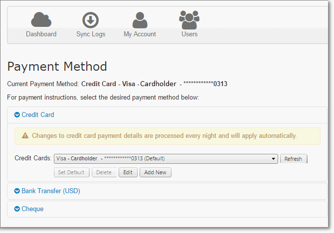 Riva Cloud. The Payment Method page.