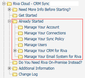 Knowledge Base. Riva Cloud - CRM Sync and its subfolders, specifically Already Started and its subsubfolders. 