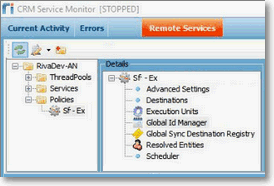 CRM Service Monitor. In the left pane, the Policies folder has been selected. The Details pane (to the right of the left pane) displays several nodes. You can select any of them and see more information in the righmost pane, which is not displayed on the screen shot.